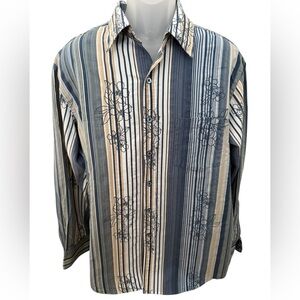 Tori Richard Aloha Hawaiian Blue & Tan Striped Floral Shirt Men L Large